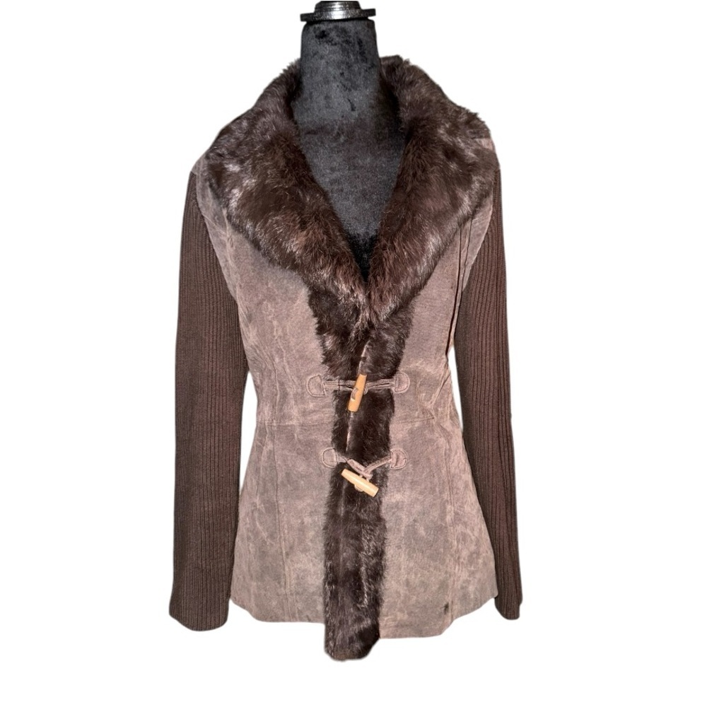 VTG 90s Nygard Rabbit Fur trim-Suede Jacket in brown size Large